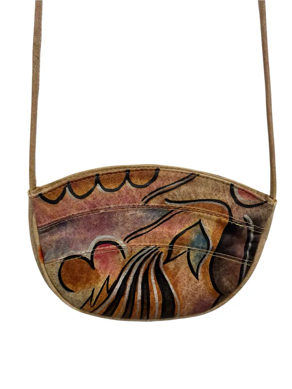 Magnifique Vintage Abstract Hand Painted Genuine Leather Half Moon Crossbody Bag - Image 3
