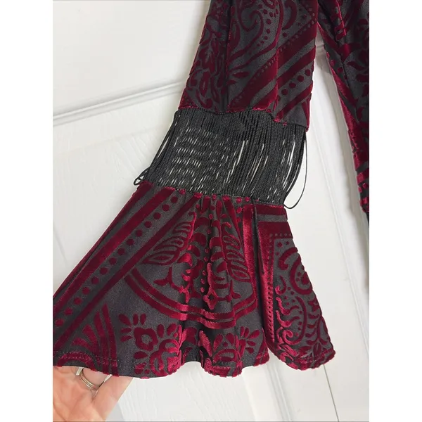 IC by Connie K Velvet Burnout Fringe Tunic Womens Size L Burgundy Boho Gothic - Image 2