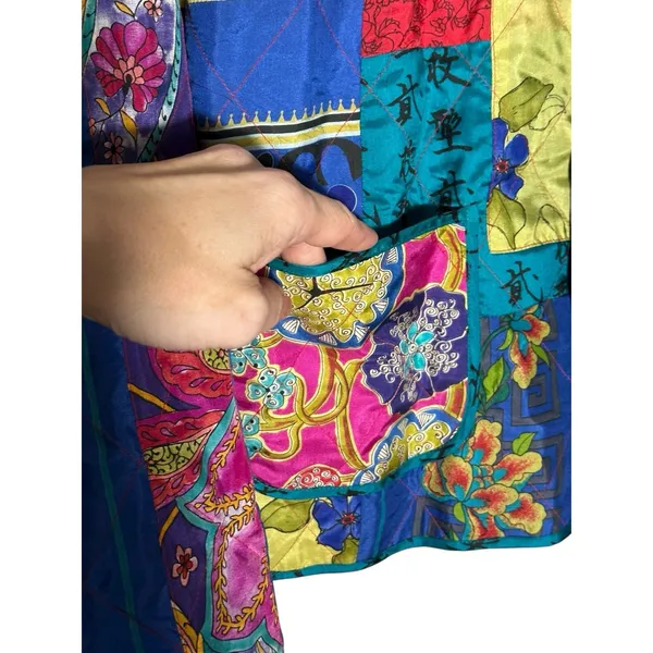 Vintage 100% Silk Patchwork Chicos Jacket Large (2) Pockets‎ Boho Rainbow #A4-1 - Image 3
