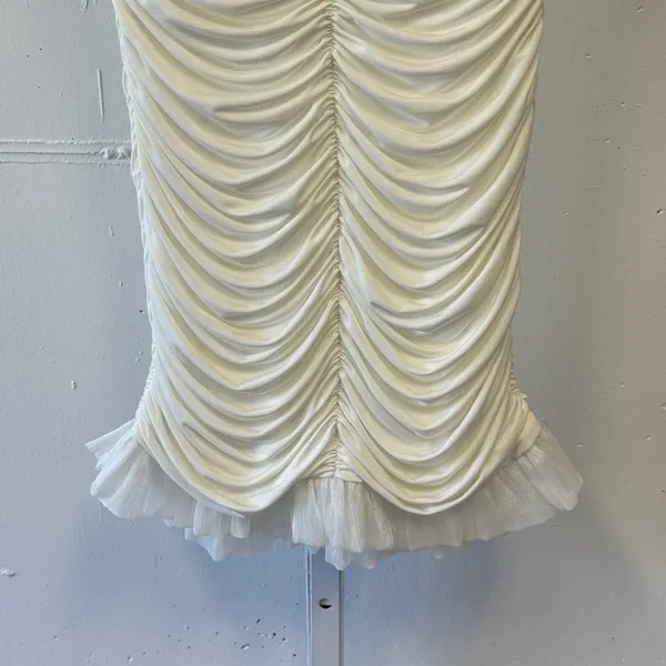 Lucy In The Sky White Ruched Halter Mini Dress Ruffle Hem Large Ivory Bodycon - Image 4