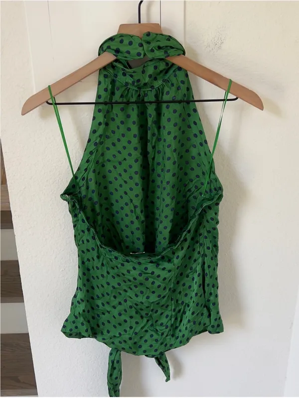 Anthropologie Maeve Polka Dot Silken Halter Tie Top in Green Dot - Image 4