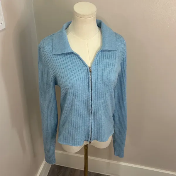 Hello Molly Light Blue Ribbed Knit Zip Up Cardigan Sweater XL US 10 Collar - Image 2