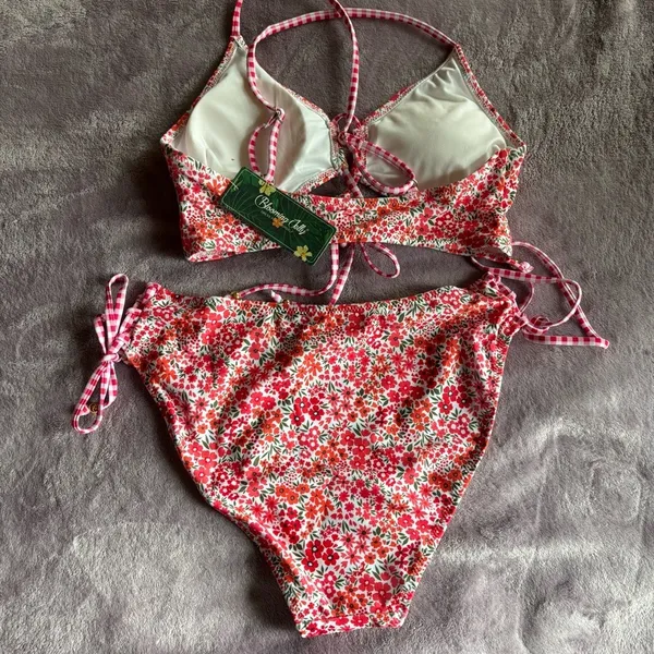 Blooming Jelly Red Floral Lace Up Bikini Set Gingham Straps New Small - Image 7