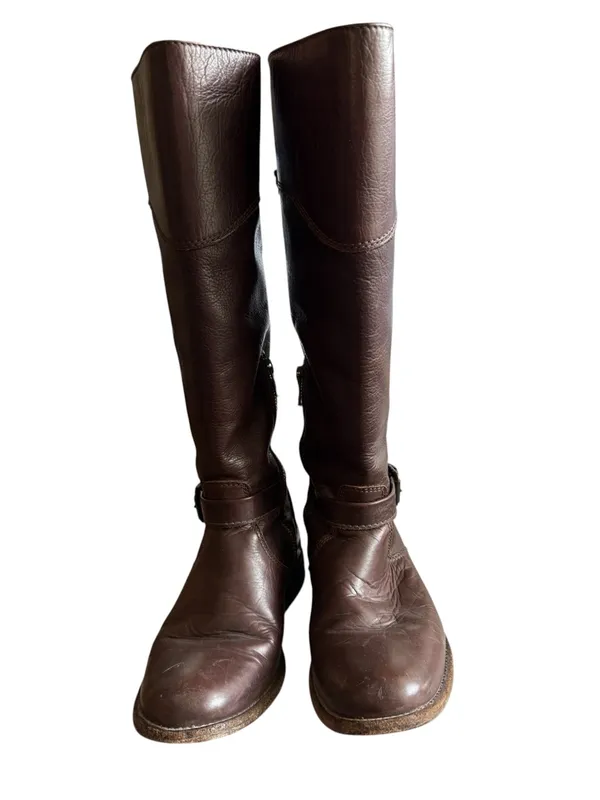 Frye 4001 Brown Leather Tall Riding Boots Women’s 7 B Side Zip Buckle - Image 3