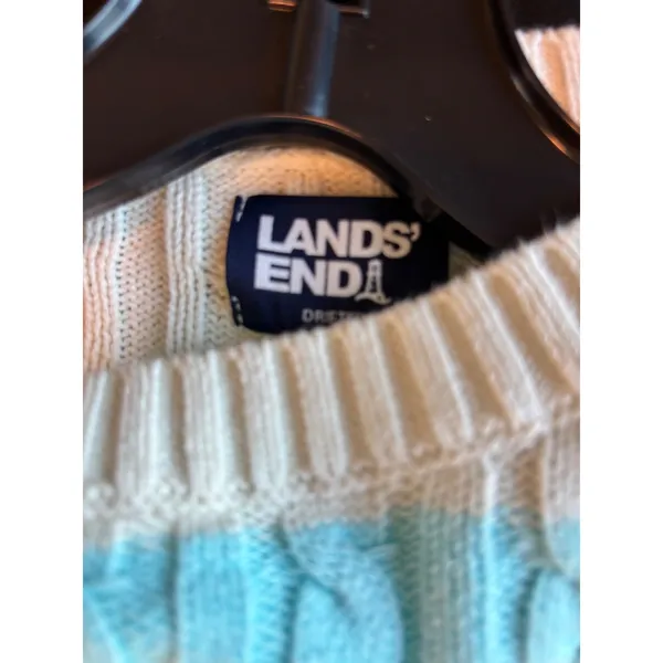 Lands End Drifter Cable Knit Sweater Blue Cream Striped Cotton Crew Neck S 6-8 - Image 5