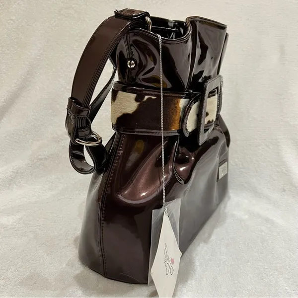 Beijo Copper Brown Faux Leather Bag with Cow Hair Belt Detail NWT - Image 8