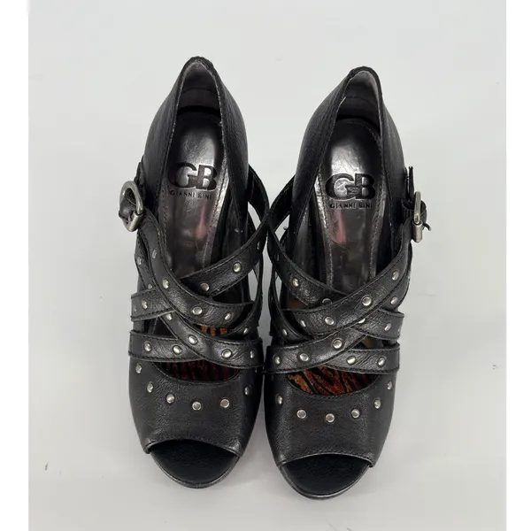 Gianni Bini Black Studded‎ Strappy Peep Toe Platform Heels Size 6.5 Goth Biker - Image 9