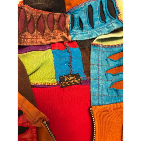 Rising International Patchwork Hoodie Women Large Multicolor Razor Cut Boho Zip - Image 3