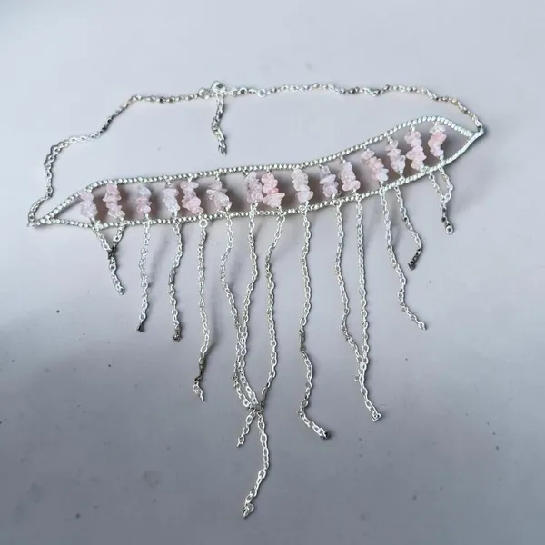 Rose Quartz Fringe Choker Necklace 925 Silver Plated - Image 2