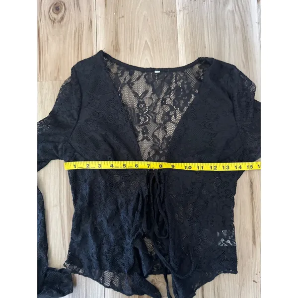 Black Lace Tie Front Crop Top M Sheer Y2K Goth Fairy Grunge‎ Long Sleeve Stretch - Image 5