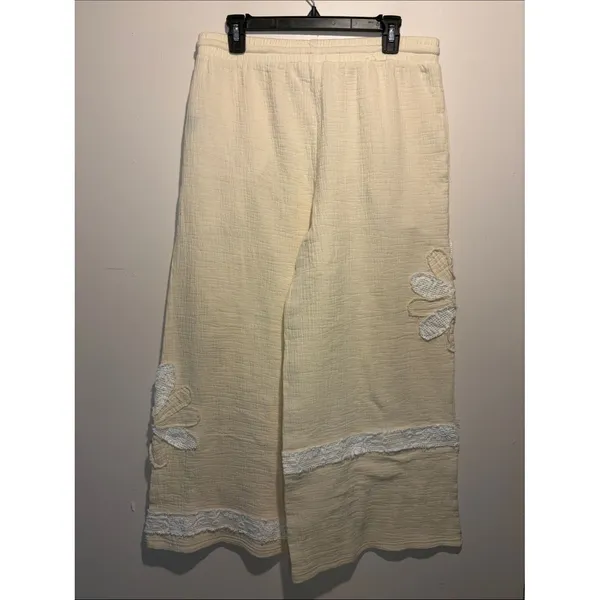 POL Wide Leg Crochet Lace Floral Cream White Elastic Waist Size L 100% Cotton - Image 3