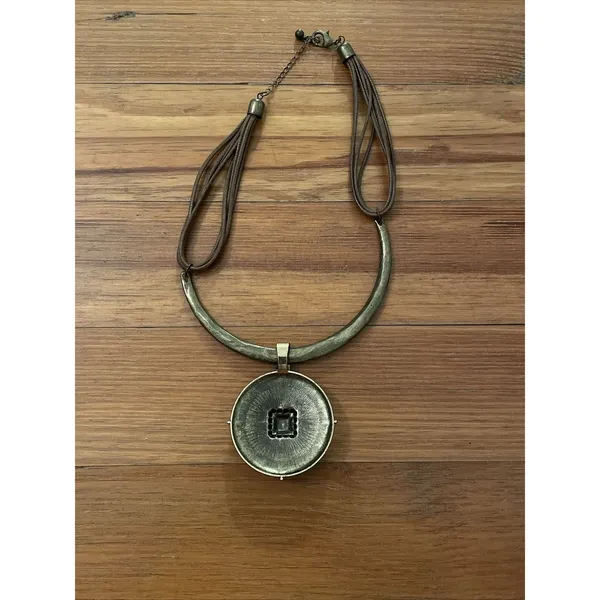 Vintage Tribal Statement Collar Necklace Aztec Disc Pendant Amber Stone Gold Ton - Image 7