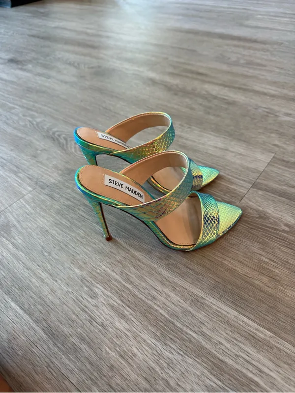 New Steve Madden Iridescent Multi-Color Snake-Embossed High Heel Mules, Size 6 - Image 4