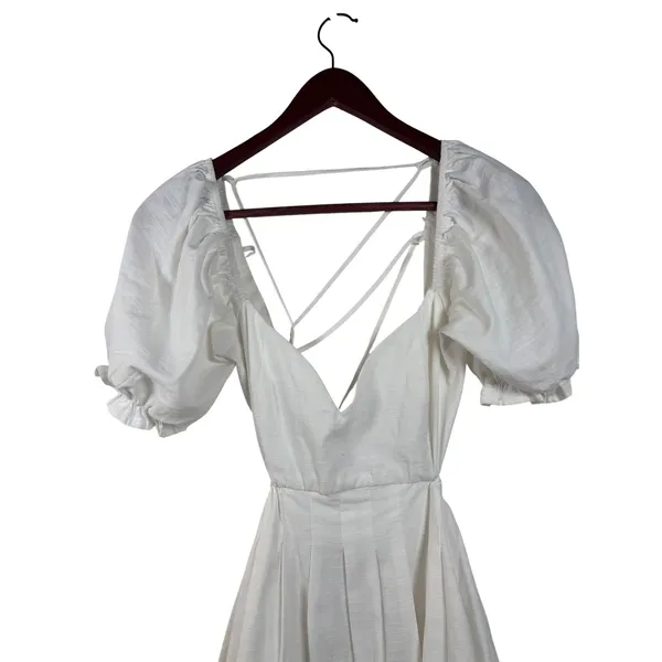 Lulus Mini Dress Womens M White Cotton‎ Linen Puff Sleeve Lace Up Back MD2965LU - Image 2