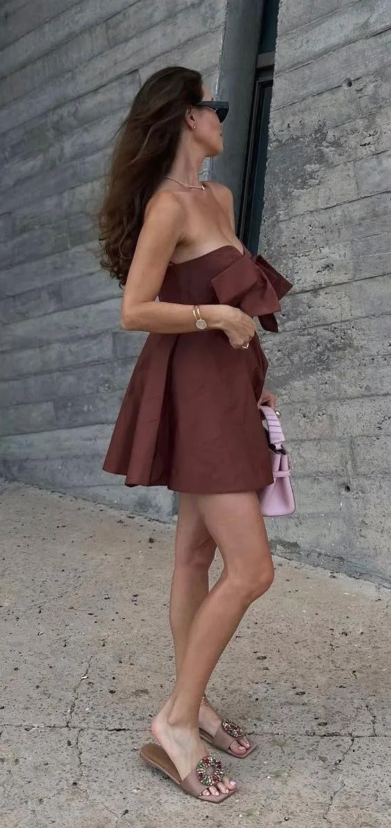 dress brown mini bow sleeveless ruffle bohemian wedding summer vacation - Image 2