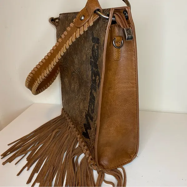 WRANGLER Floral Embossed Fringe Hobo Shoulder Bag Cowgirl PU Leather Brown - Image 5