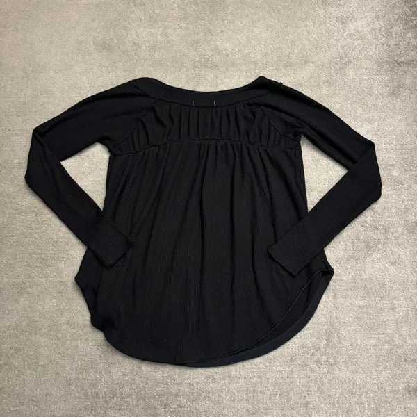 Free People Must Have Waffle Knit Henley Long Sleeve Top Black - Image 3