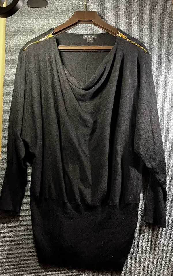 Metaphor Black Cowl Neck Long Sleeve Pullover Sweater with Gold Tone Shoulder Zi - Image 3