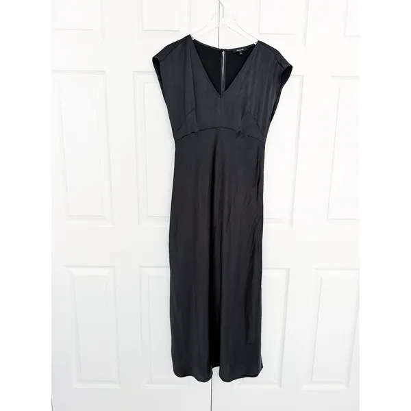 Madewell Wide V-Neck Satin Slip Midi Dress Black Romantic Minimalist Whimsigoth - Image 3