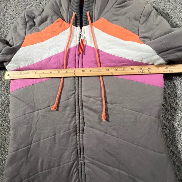 VTG Free People Quilted Hoodie Girl 12 Gray Colorblock Chevron Thermal Lined Zip - Image 8
