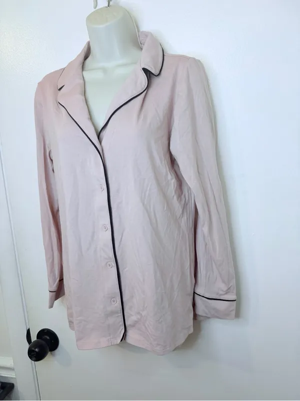 Soma Pink Knit Pajama Top Small Long Sleeve Button Up Black Piping - Image 7