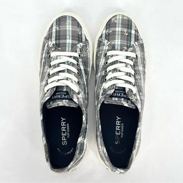 Sperry Pier View Anchor Plaid Gray Blue White Canvas Laced Slip On Sneakers 7.5 - Image 6