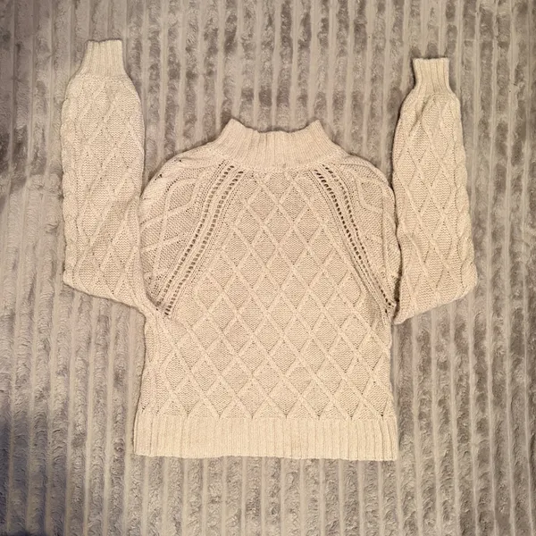 American Eagle Womens‎ Oatmeal Cream Diamond Cable Knit Mock Neck Sweater Small - Image 7