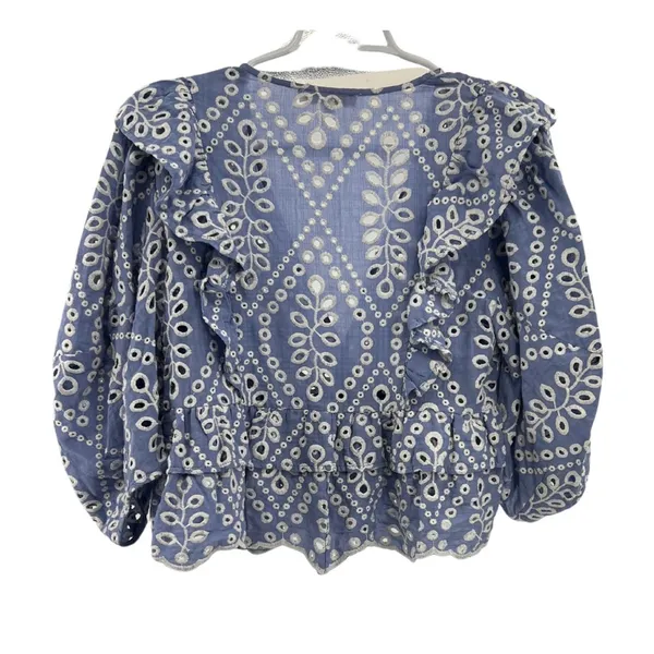 Olivaceous eyelet embroidered ruffle top cropped flirty romantic blue white S - Image 5