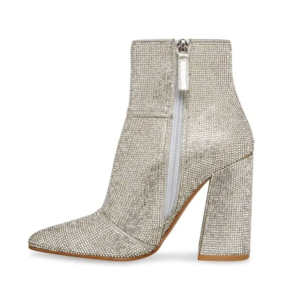 Steve Madden Silver Rhinestone Sparkle Bling Nola Bootie Heels Boots - Image 3