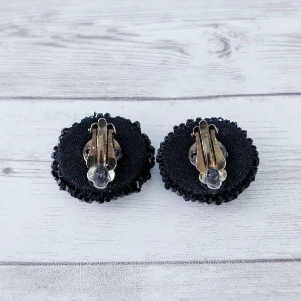 Vintage Clip On Earrings Large Black 1.25" Beaded Circle - One Damaged - Image 8