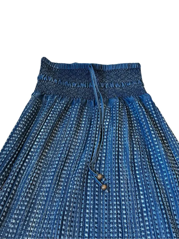 Tantrum’s Womens Denim Blue Midi Flare Skirt Textured Smocked Waist Tassels Boho - Image 4