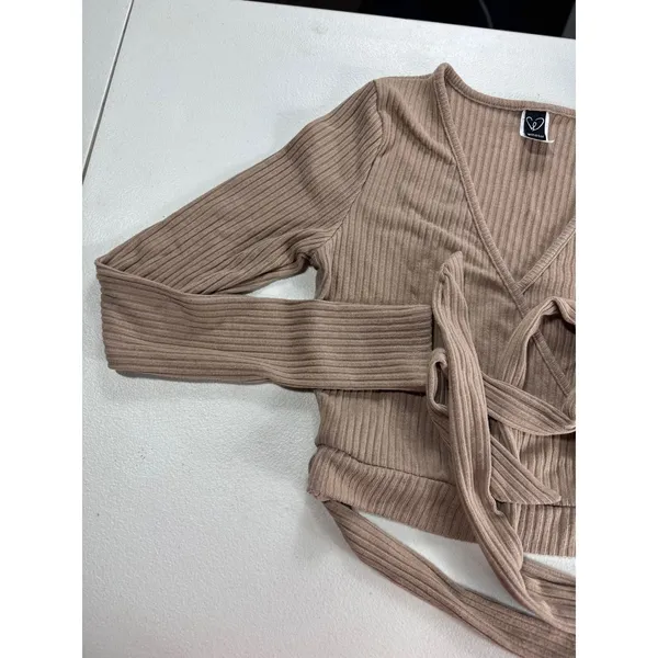 Windsor Wrap Top Ribbed Long Sleeve Tie Front Crop Top Beige Size M - Image 6