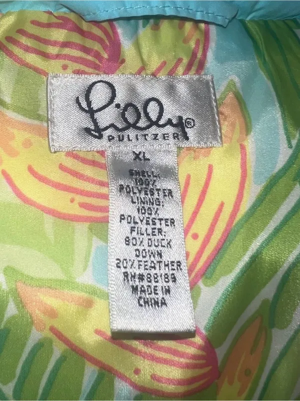 Lilly Pulitzer Puffer Vest Sz XLTeal Blue Down Filled Full Zip Snap Pockets - Image 6