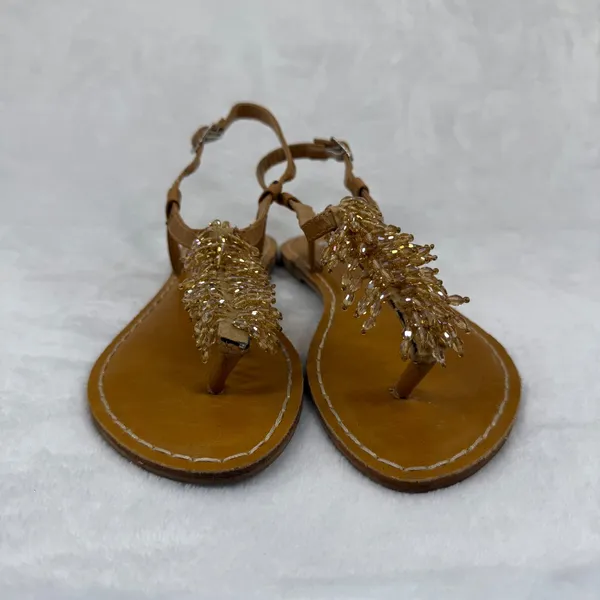 GC Shoes Andrea Beaded T-Strap Slingback Sandals Tan Gold Womens Size 7 Flat‎ - Image 2