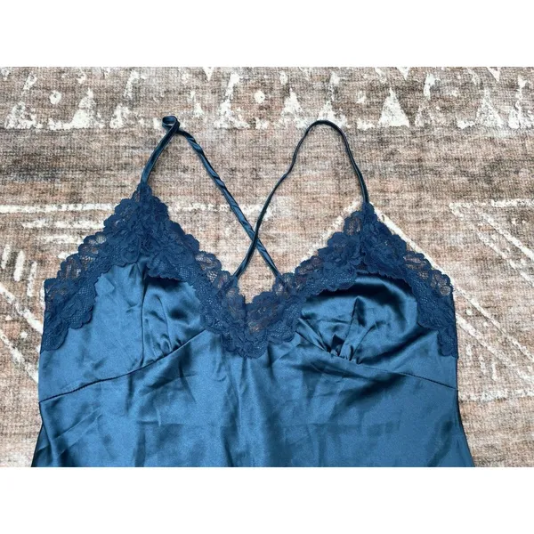 Teal Blue Satin Lace Slip Dress Chemise M Y2K Lingerie Aesthetic Feminine Coquet - Image 11