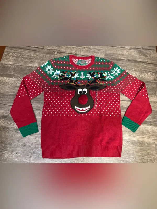 Ugly Christmas Sweater Red & Green Reindeer Crewneck - Image 4