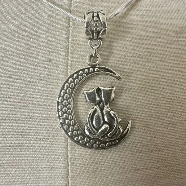 Silver tone cats sitting on moon pendant necklace Silver - Image 2