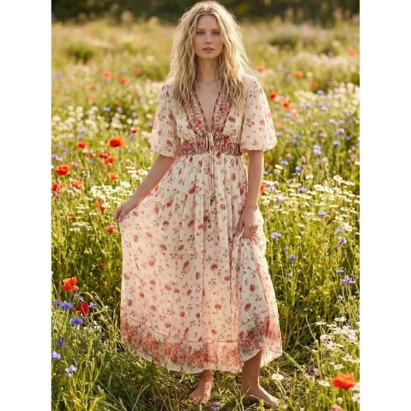 Free People Lysette Maxi Dress in Tea Combo Small Bohemian Gypsy Indian Cotton - Image 14