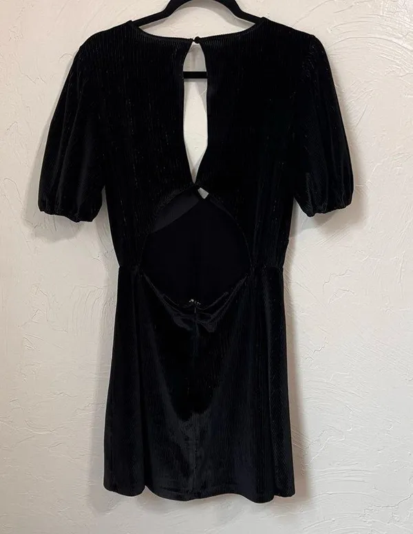 L*Space velvet metallic stripes black puff sleeve mini dress size Large - Image 10
