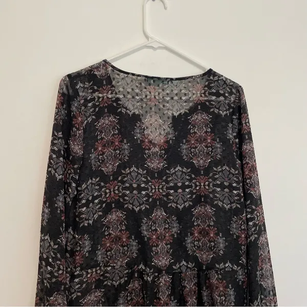MAURICES Black Geometric Swiss Dot Crochet Lace Up Long Sleeve Peasant Top Tunic - Image 14