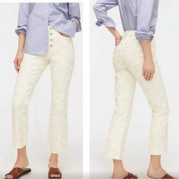 J.Crew‎ Billie Demi Boot Crop Jeans 28 White Embroidered Floral Raw Hem Cotton - Image 2