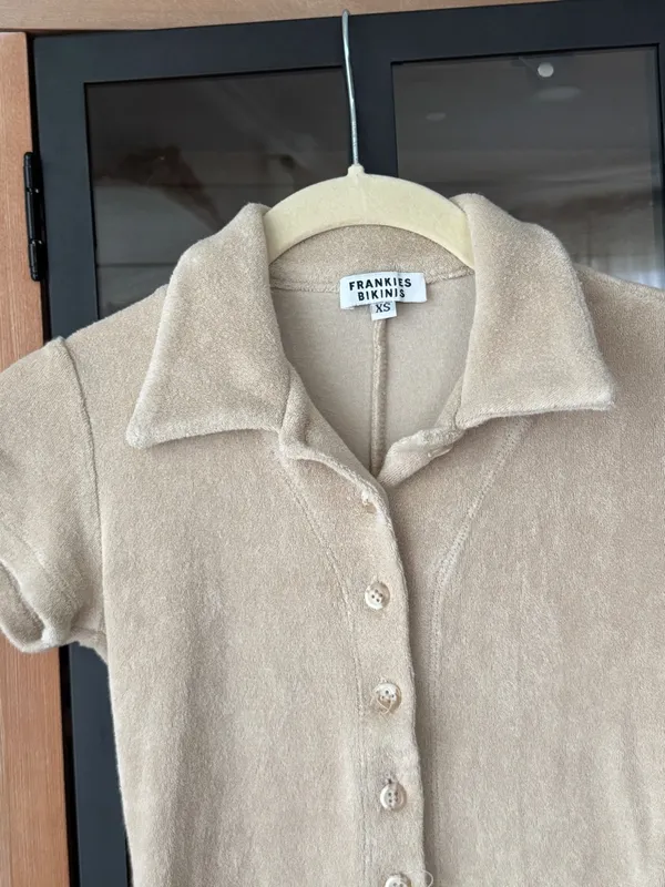 Frankie’s Bikinis Rose terry Romper onesie beige sand short sleeve button down - Image 7