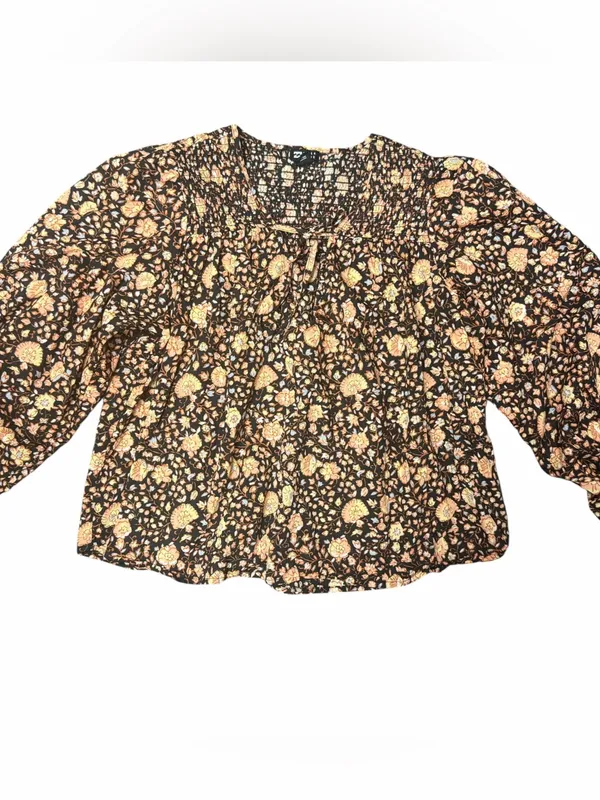 Billabong Desert Daze Floral Peasant Blouse Brown Smocked Long Sleeve Top Medium - Image 8