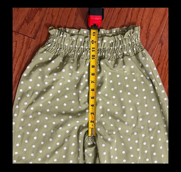 Shein Olive Green high waste Polk dot wide leg pants - Size Small with Bag. Gently warn once and excellent condition. Measurements approximately 12” waste not fully stretched out from elastic waste band x 12” rise x 43” long. None smoking home. Priced to sell at as is condition. Don’t like my price, make reasonable offer. - Image 6