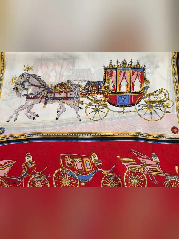 Equestrian horse-drawn carriage motif red and black border 33" Sq Silk - Image 7
