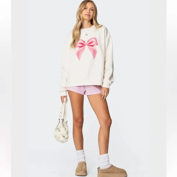 Edikted Cream Bow Brat Printed Sweatshirt NWOT XL - Image 8