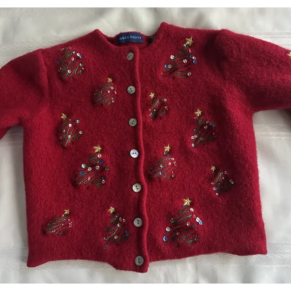 Karen Scott Red 100% Wool VintageCardigan Sweater Sequin Embroidered Tree M Crew - Image 9