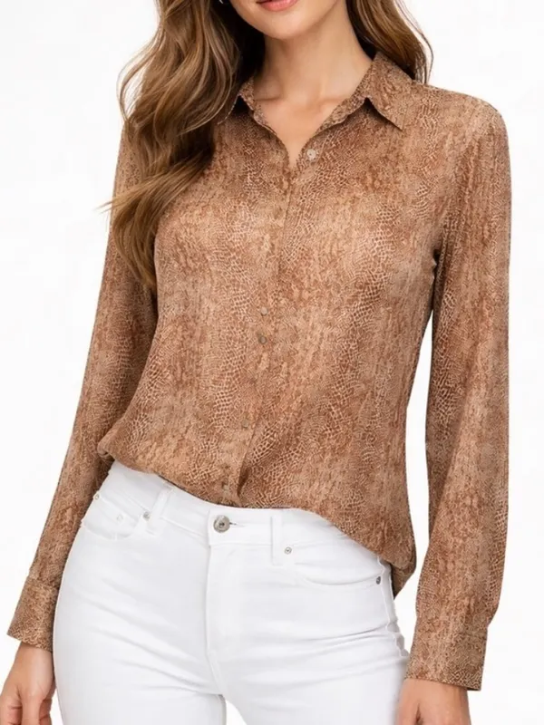 NEW a new day Animal print satin blouse top SMALL brown tan long sleeves buttons - Image 8