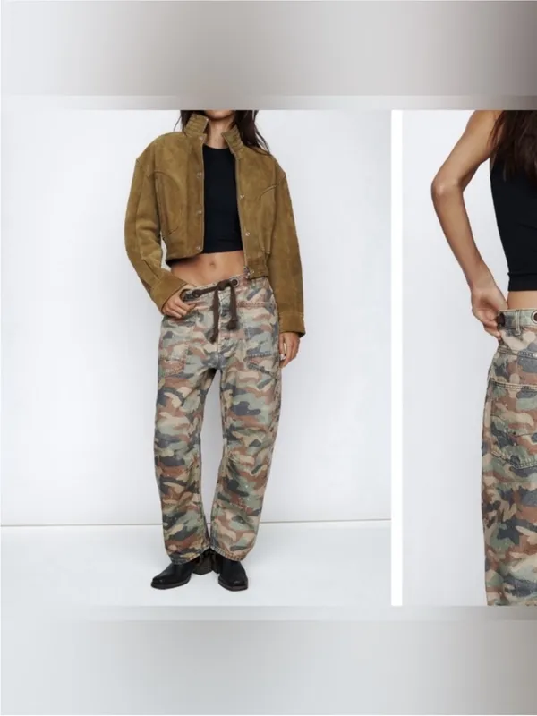 NWOT Free People We The Free Moxie Printed Low-Slung Barrel Jeans Green Camo 29 - Image 3