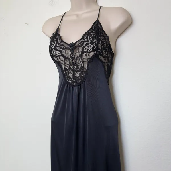 Val‎ Mode Womens Nightgown Medium Black Lace Trim Rose Accent Midi Slip Dress - Image 4